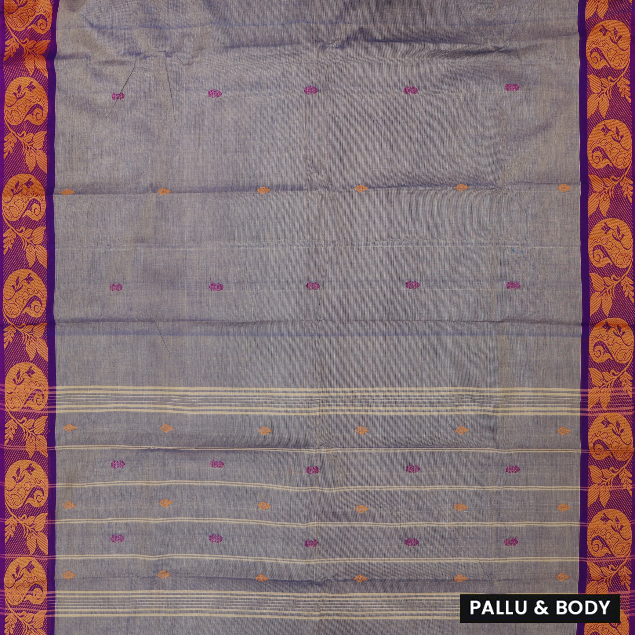 Grey With Dark Purple Small Checked Pattern Pure Cotton Saree without Blous