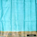 Pure Tussar Silk Saree Aegean Blue and Blue Border With Floral Design and Painted Prints and Zari Woven Border