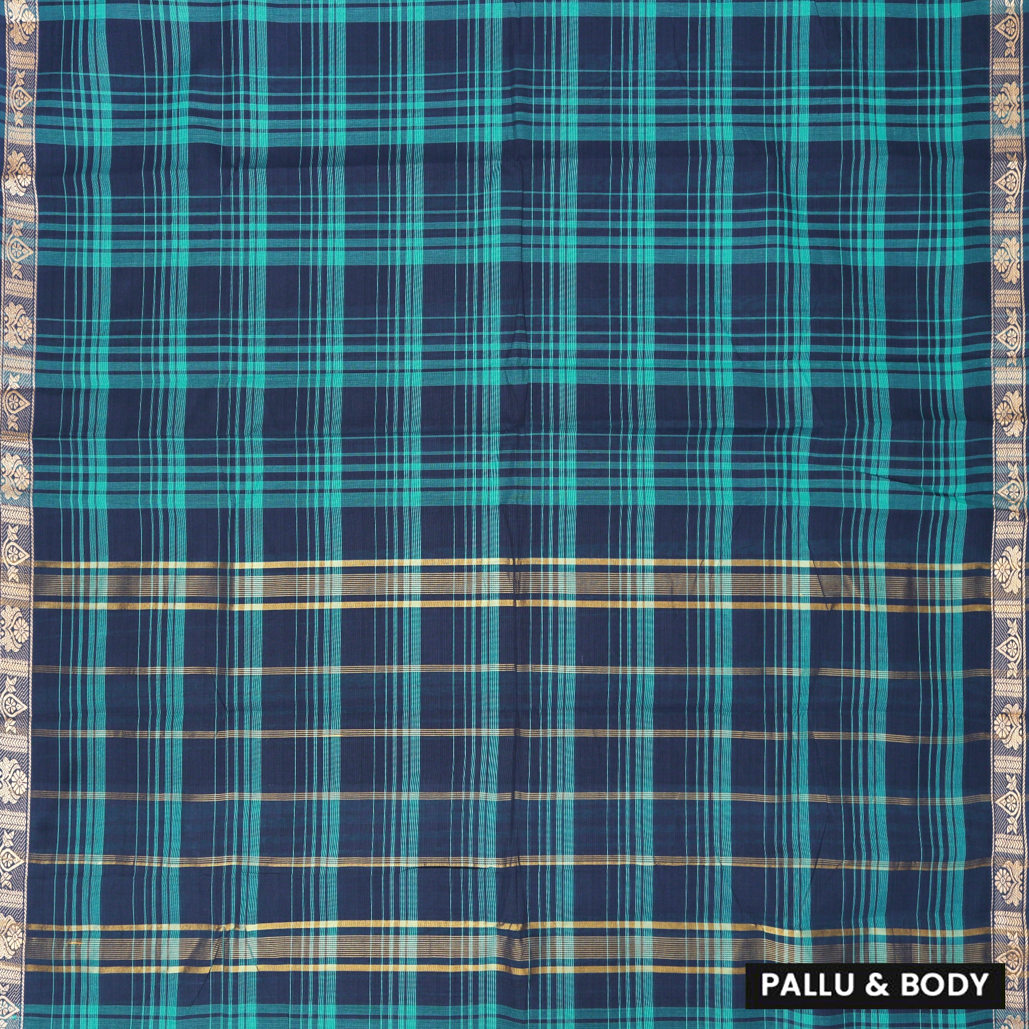 Green – Navy Blue  Colour Small Checked Pattern Pure Chettinad Cotton Saree without Blouse