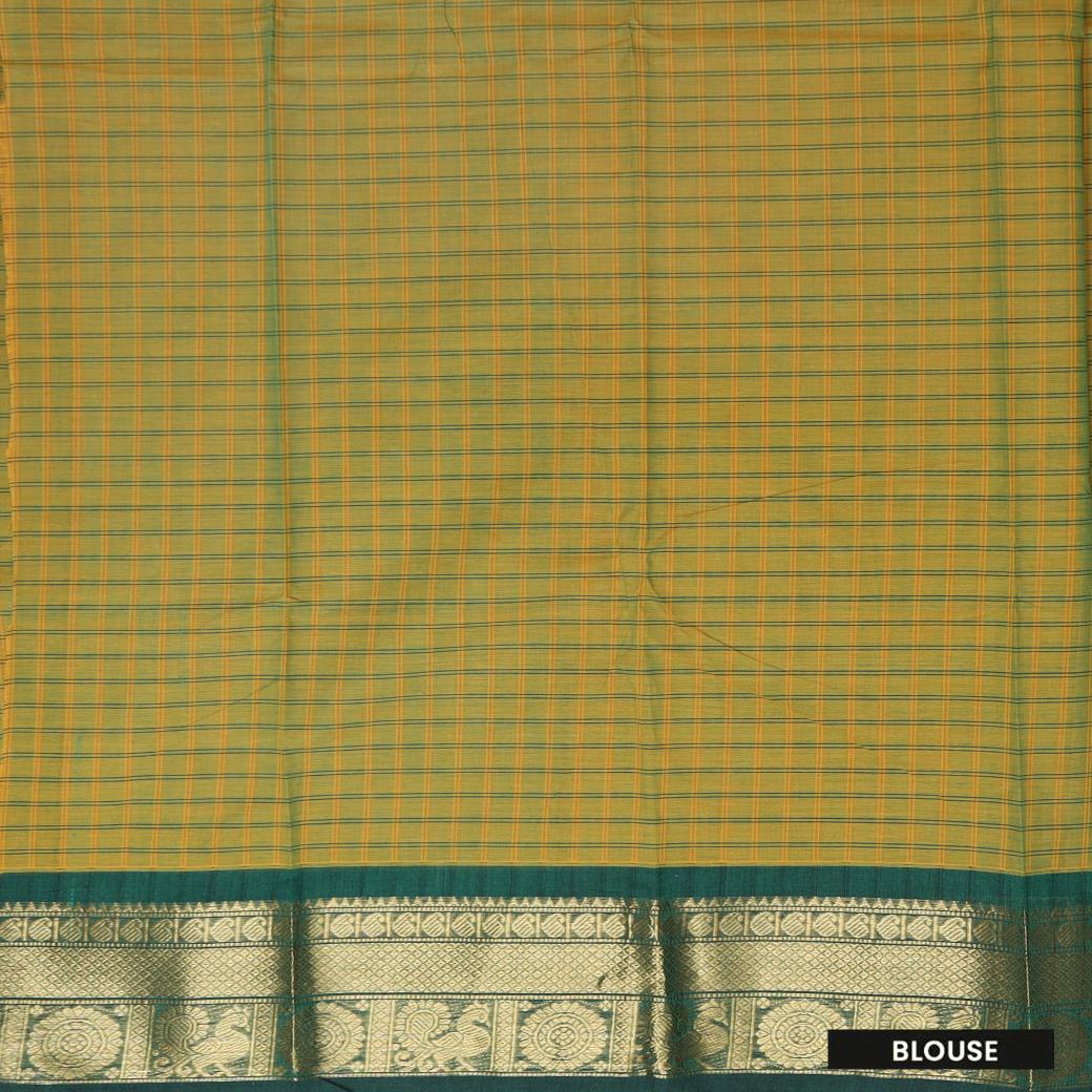 Olive Green With Bottle Green Contrast Border Checked  Pure Cotton Saree