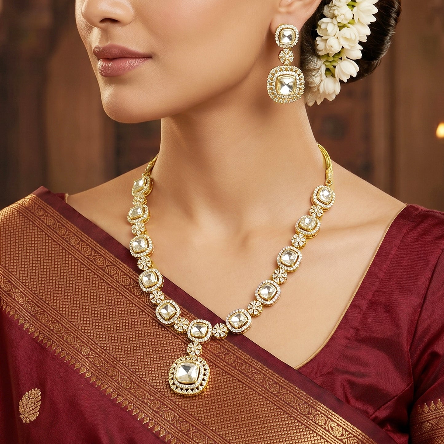 Gold-Plated Necklace With Earring Set AD Stone