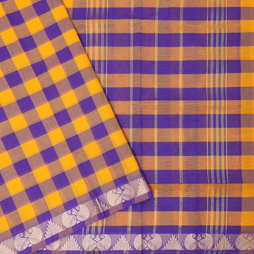 Yellow with Purple Checked Pure Chettinad Cotton Saree without Blouse
