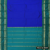Royal Blue and Green, with accents of gold zari work. soft silk