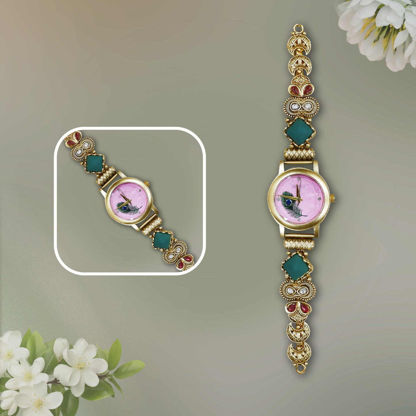 Antique Trending Jadau and Peacock Feather Design Watch