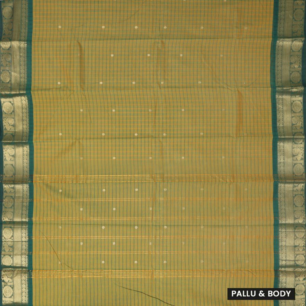 Olive Green With Bottle Green Contrast Border Checked  Pure Cotton Saree