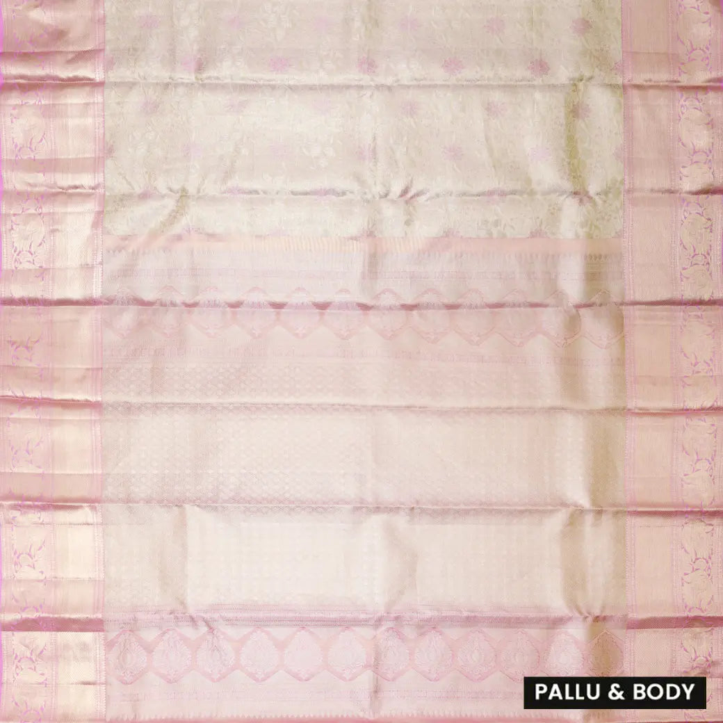 Light Cream with Light Pink Border Floral Design in Gold Zari Tissue Wedding Silk Saree
