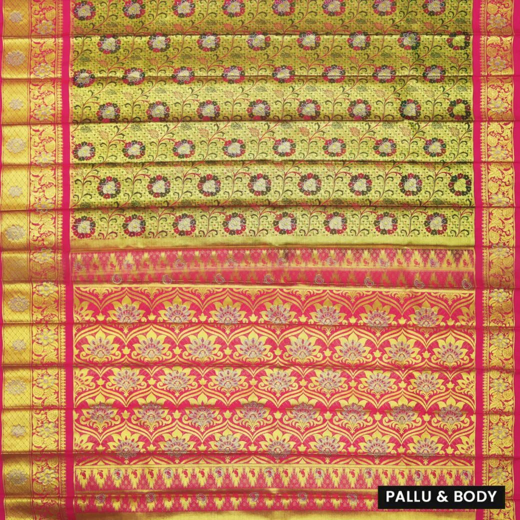 Gold & Green with Deep Pink Border Pure Thirupuvanam Wedding silk saree - Thenianantham