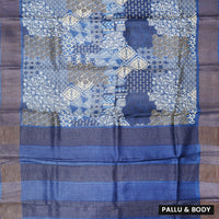 Pure Tussar Silk Saree primarily blue With Floral Design and Painted Prints and Zari Woven Border