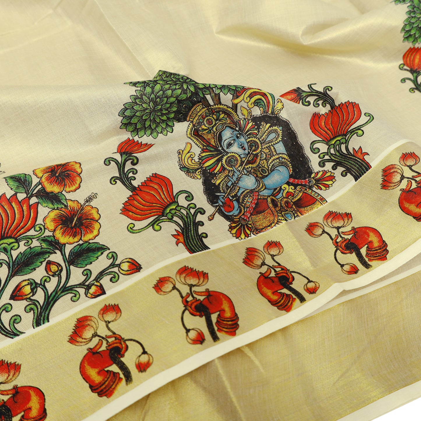 Off White With Mural Prints Depicting Lord traditional kerala onam saree