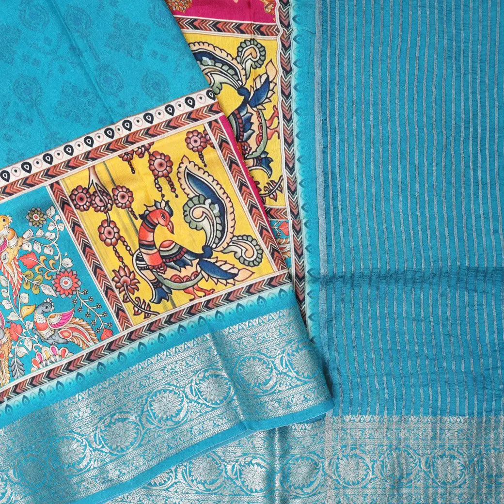 Light Blue Kalamkari Design Dola Silk Saree