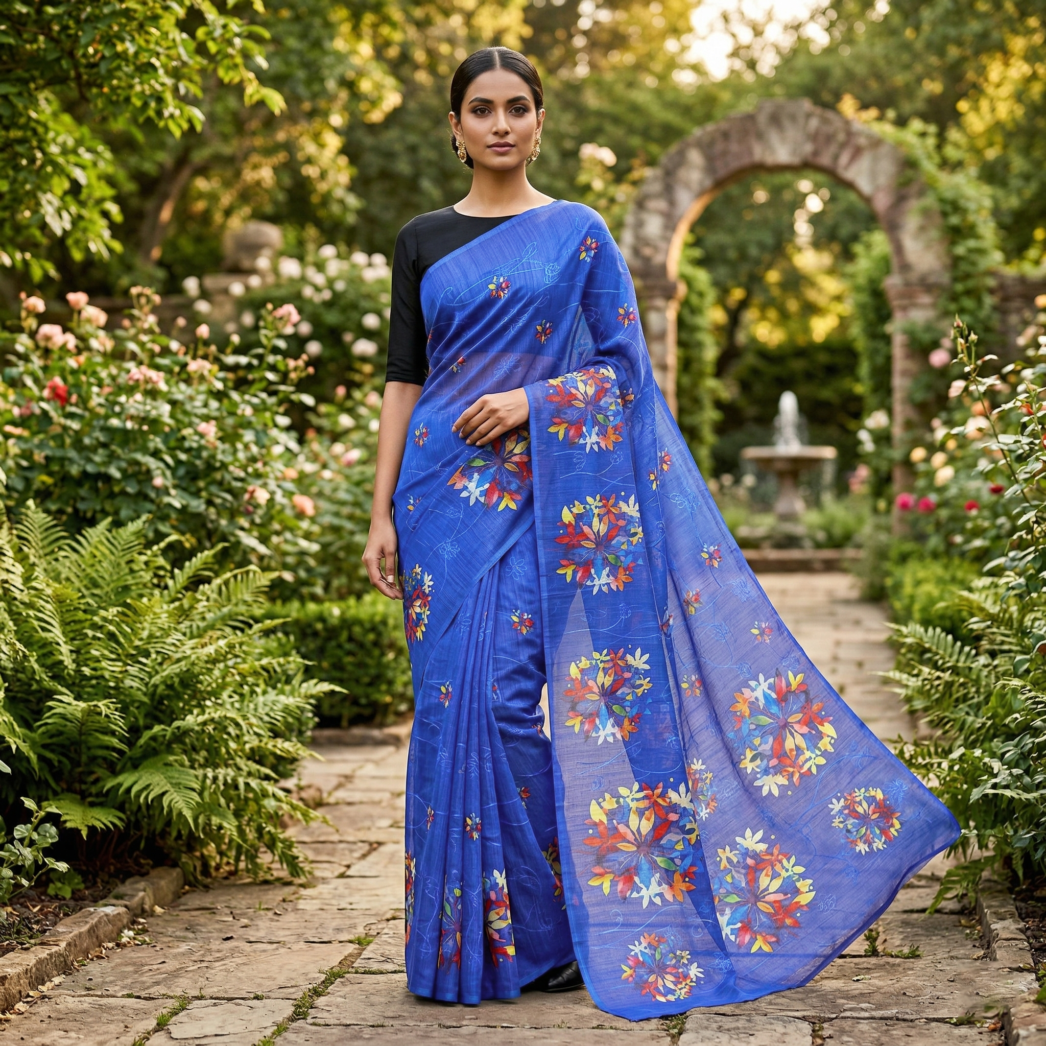 Cobalt Blue with Floral Design Trendy Tissue Fancy Saree