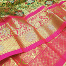 Gold & Green with Deep Pink Border Pure Thirupuvanam Wedding silk saree - Thenianantham