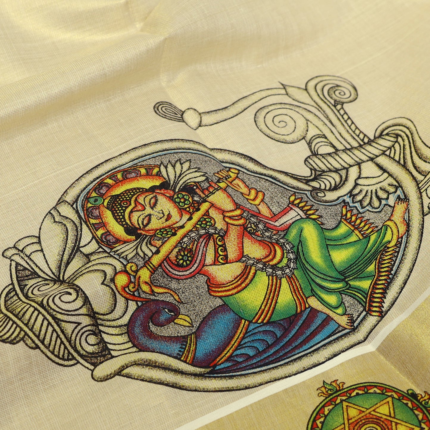 Off White With Mural Prints Depicting Lord traditional kerala onam saree