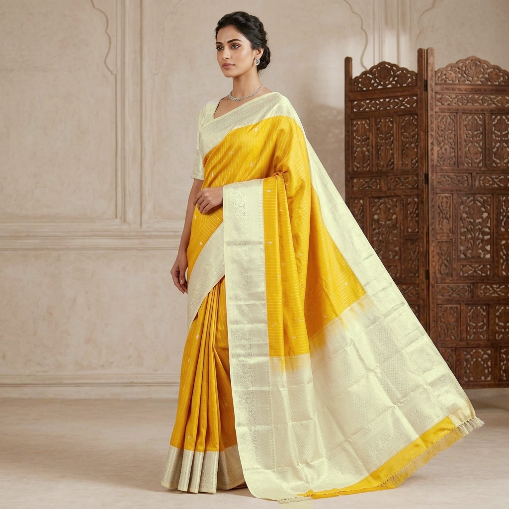 Mustard Yellow with Off White Vairasoosi Soft Silk Saree