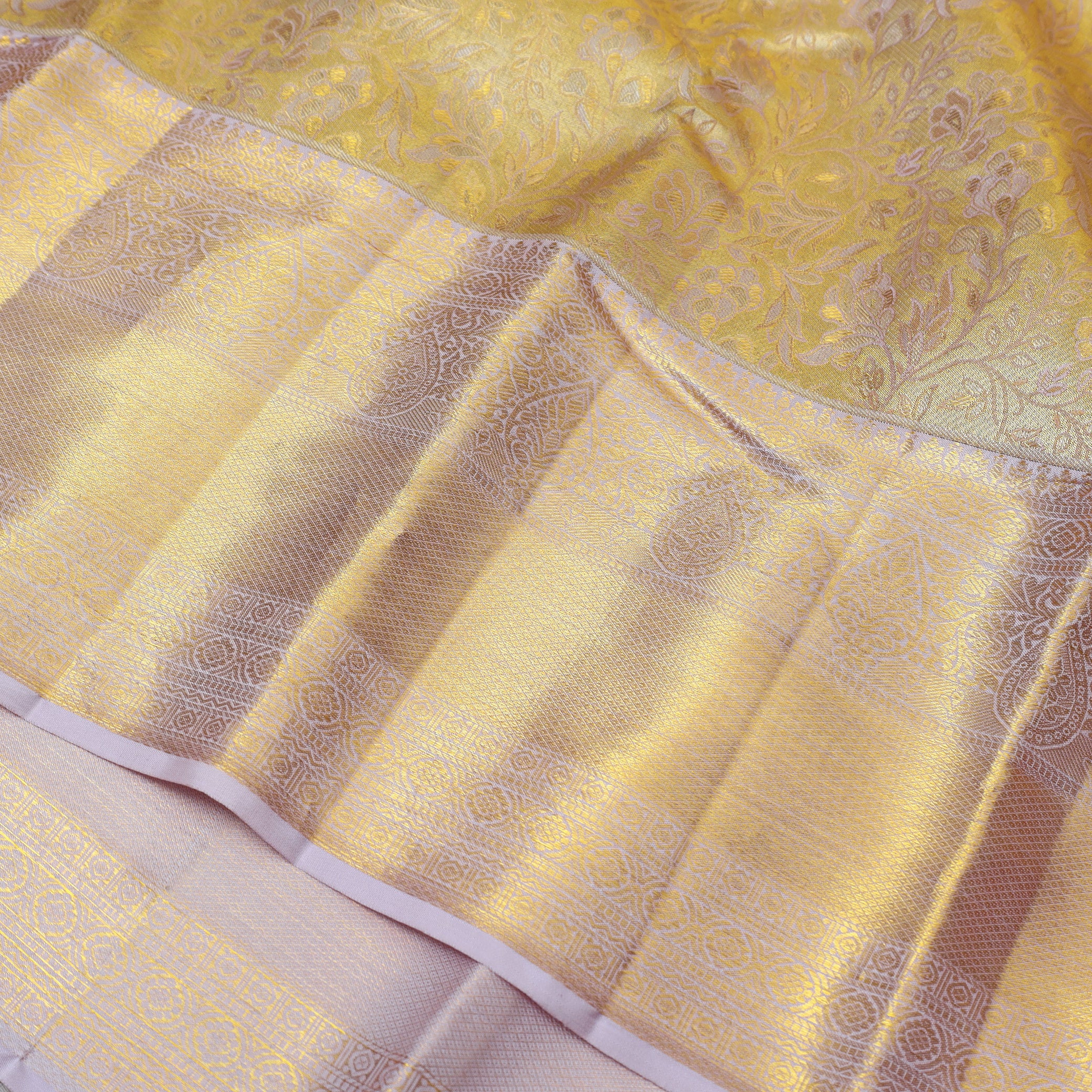 Golden Color With Light Pink Golden Zari Border Wedding Silk Saree