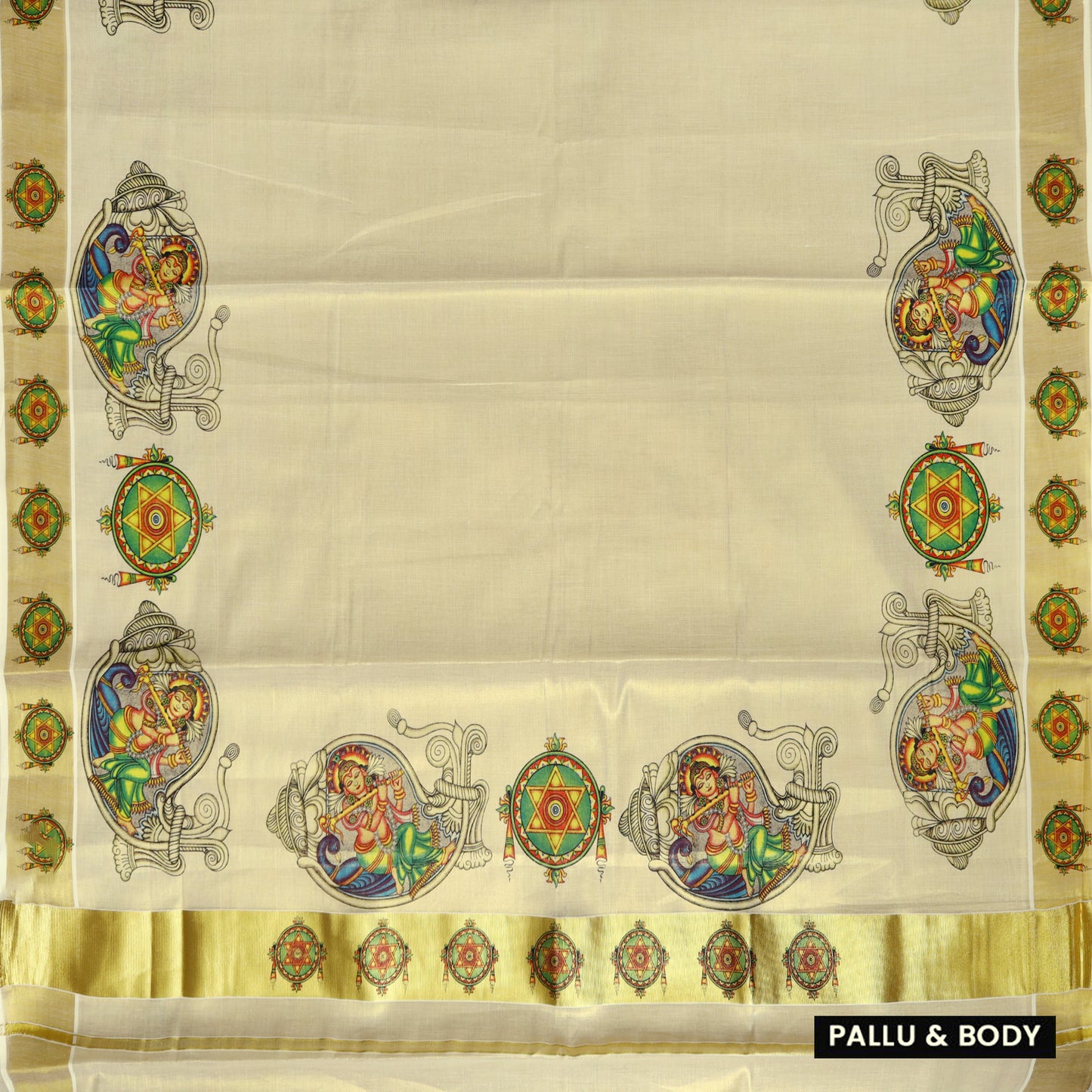 Off White With Mural Prints Depicting Lord traditional kerala onam saree