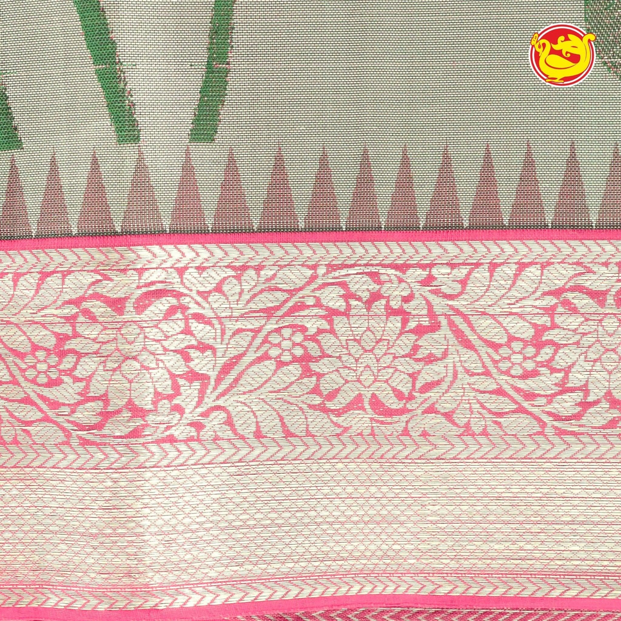 Grey with pink pure silk saree with woven lotus motifs in a raising pattern - Thenianantham