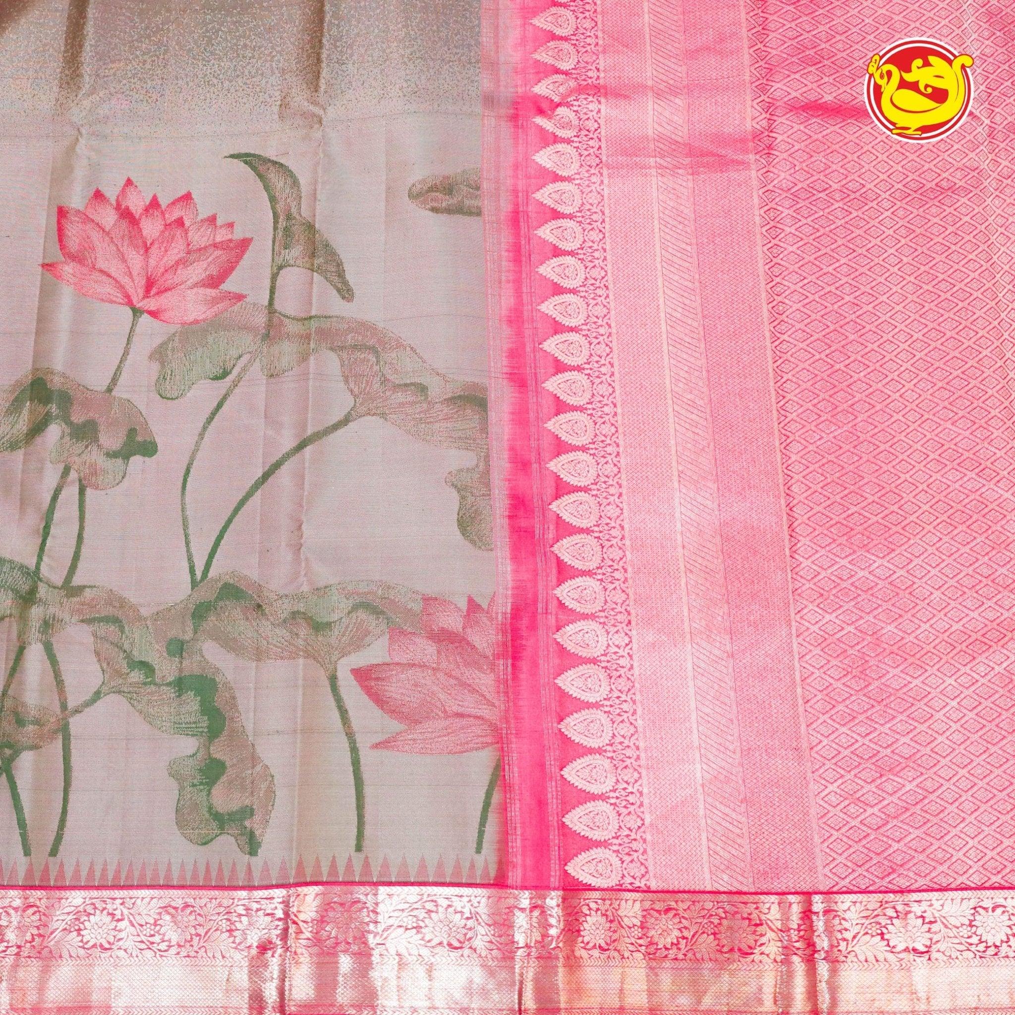 Grey with pink pure silk saree with woven lotus motifs in a raising pattern - Thenianantham