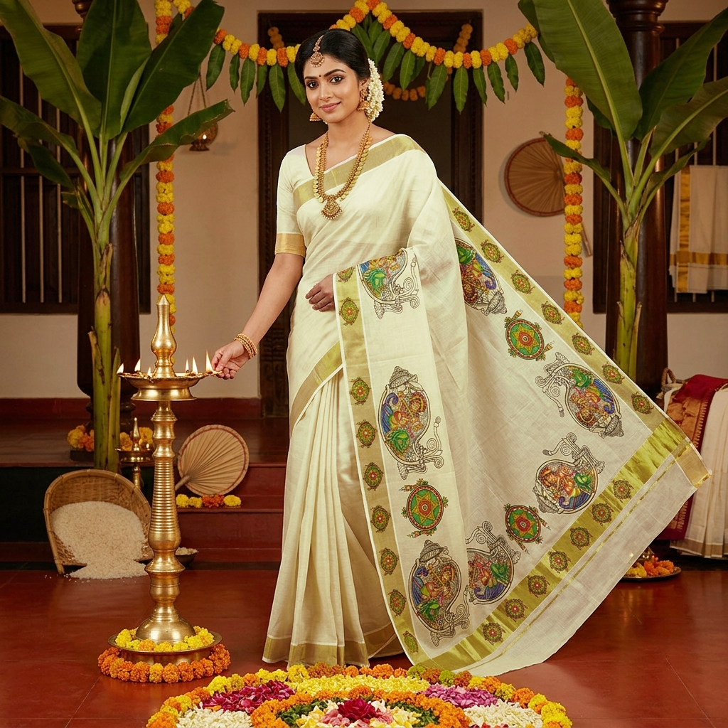 Off White With Mural Prints Depicting Lord traditional kerala onam saree