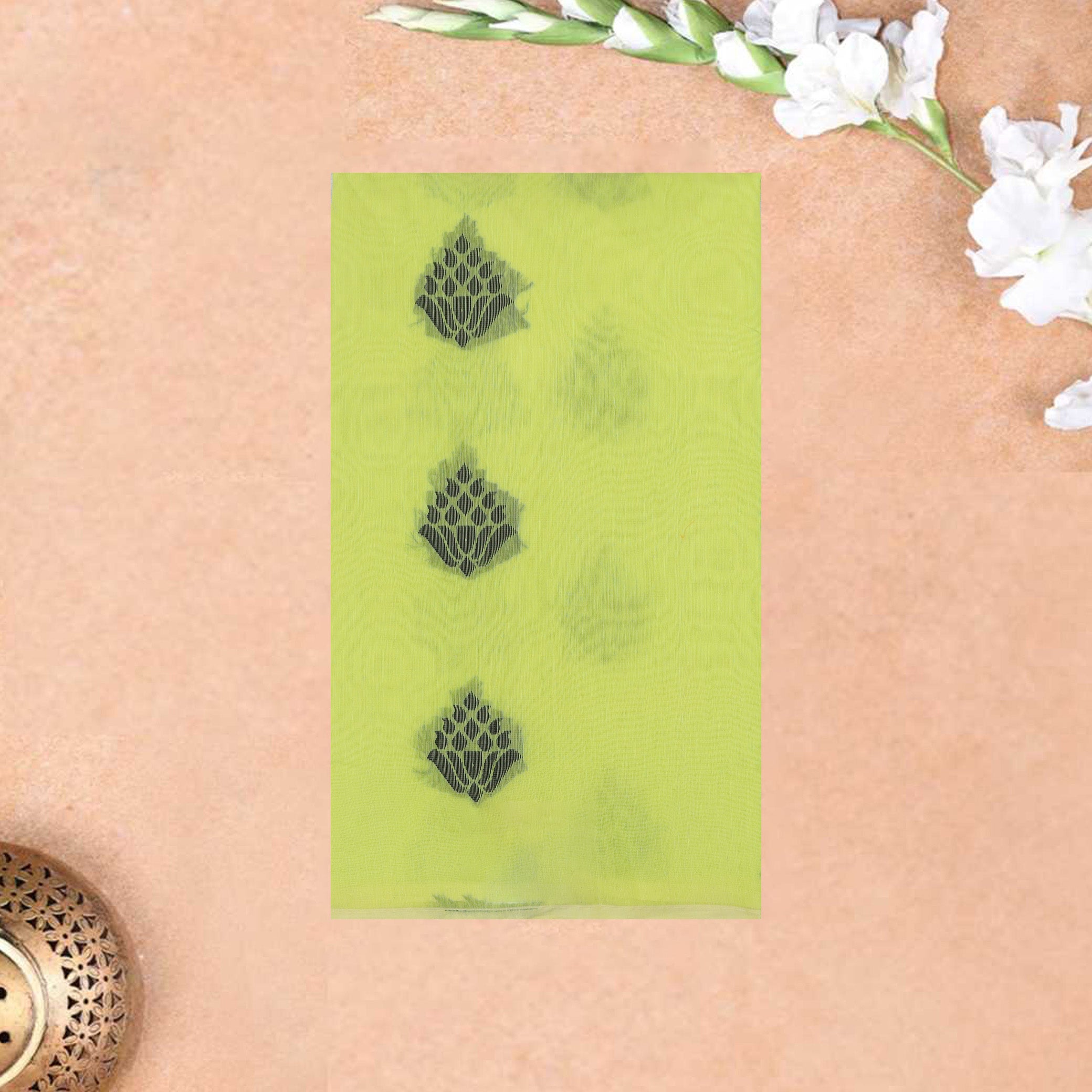 Lime green With Black Zari Silk Cotton Saree