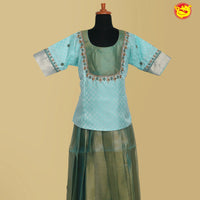 Ice Blue with Green Girls Branded Readymade Pattu Pavadai