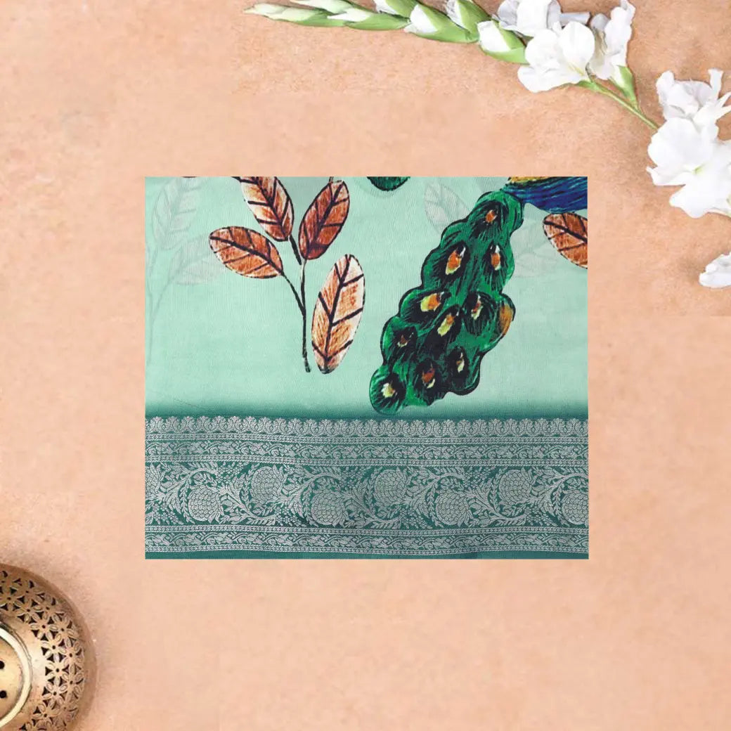 Very Pale Green with Light Green Floral &Peacock Design Dola Silk Saree