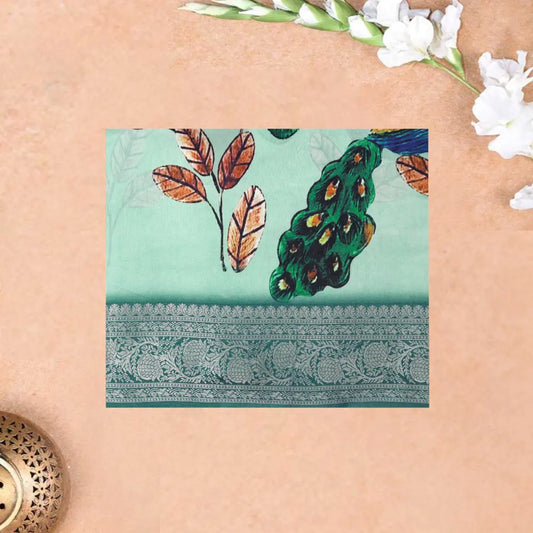 Very Pale Green with Light Green Floral &Peacock Design Dola Silk Saree