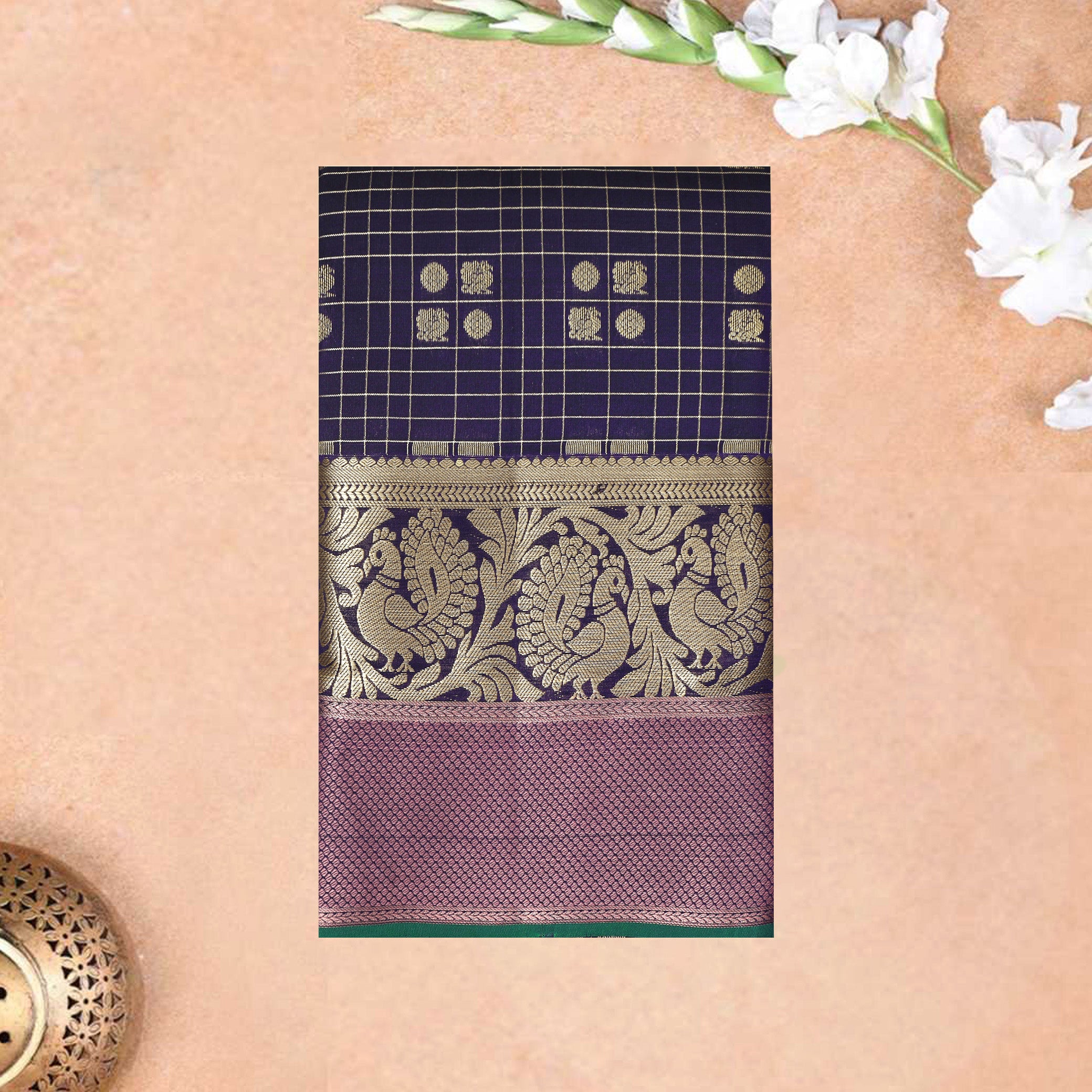 Dark Purple With  Green Gold Zari Yuvana Semi Soft Silk Saree