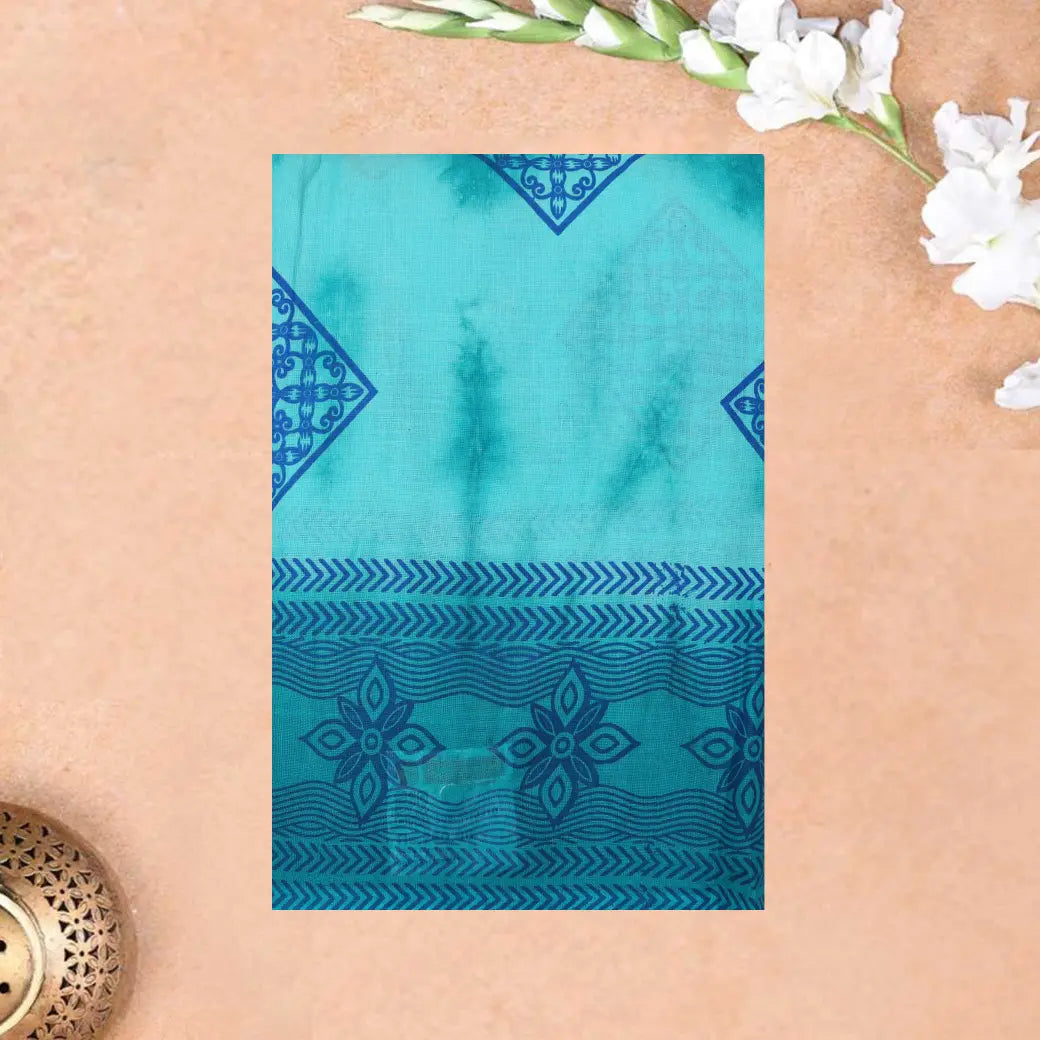 Teal Blue - Bluish Green Sungudi Cotton Saree without Blouse