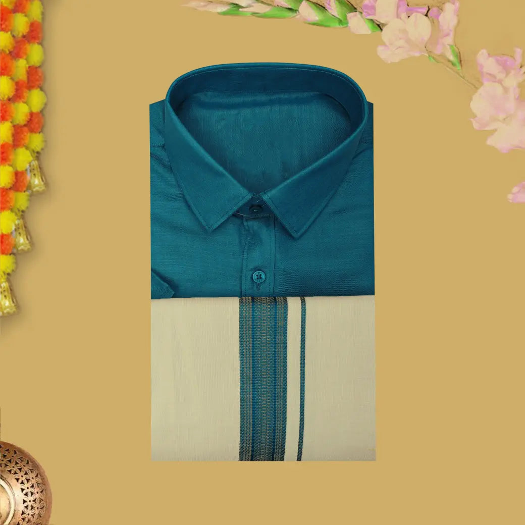 Green With Sandel Cotton Readymade Shirt and Singel Matching Border Dhoti Set For Men