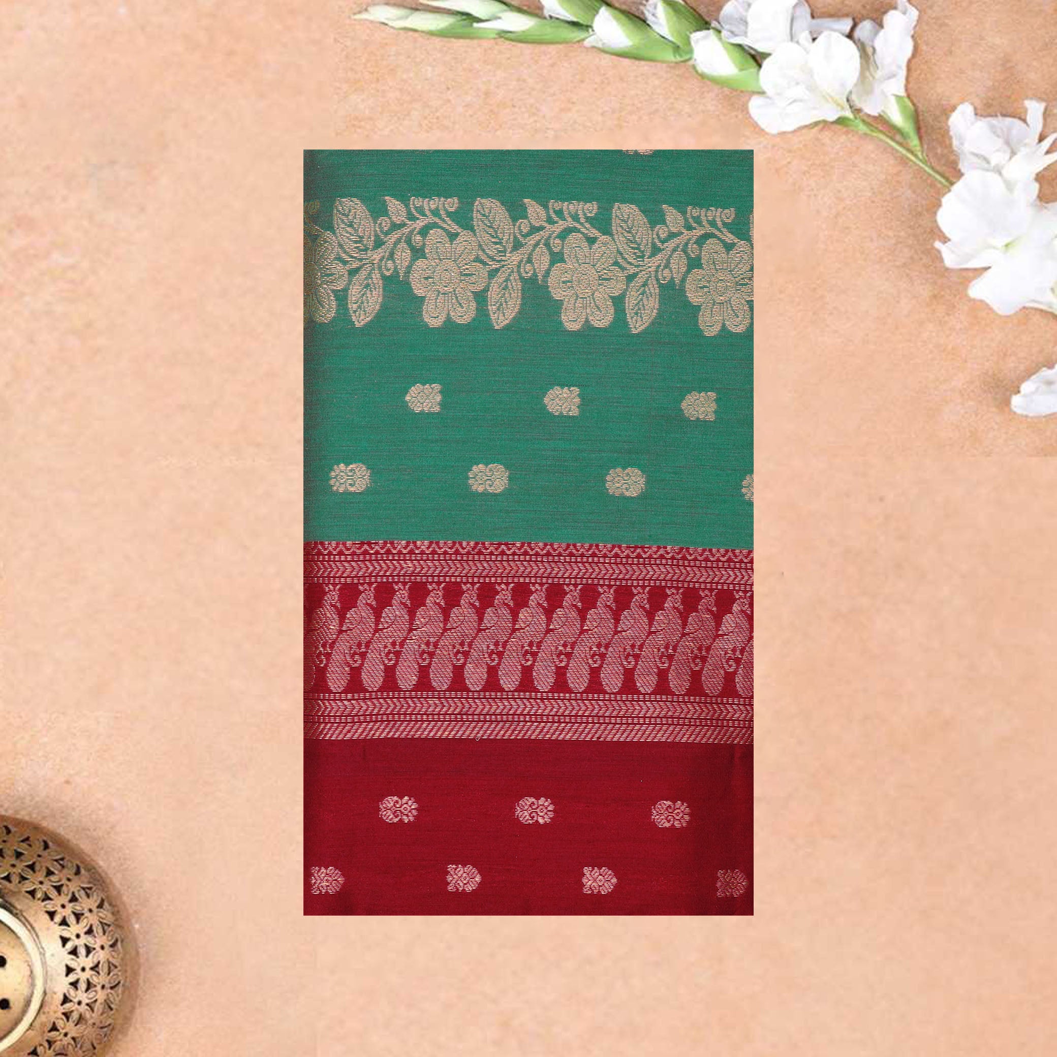 Green With Brown Premium Quality Kalyani Cotton Saree