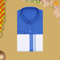 Blue With White Readymade Shirt And Matching Border Dhoti Set for Men