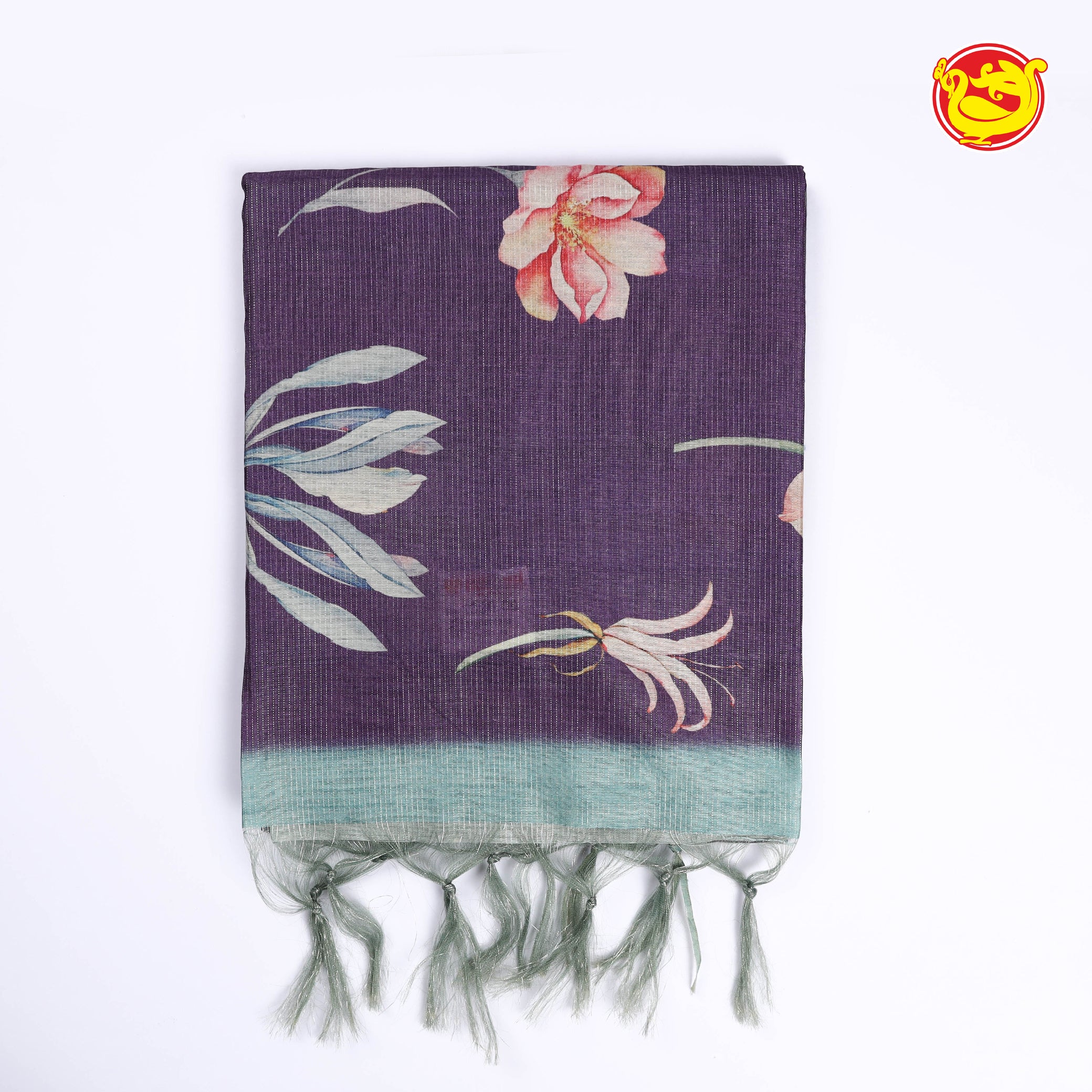 Dark purple with teal blue digital printed art chappa silk saree