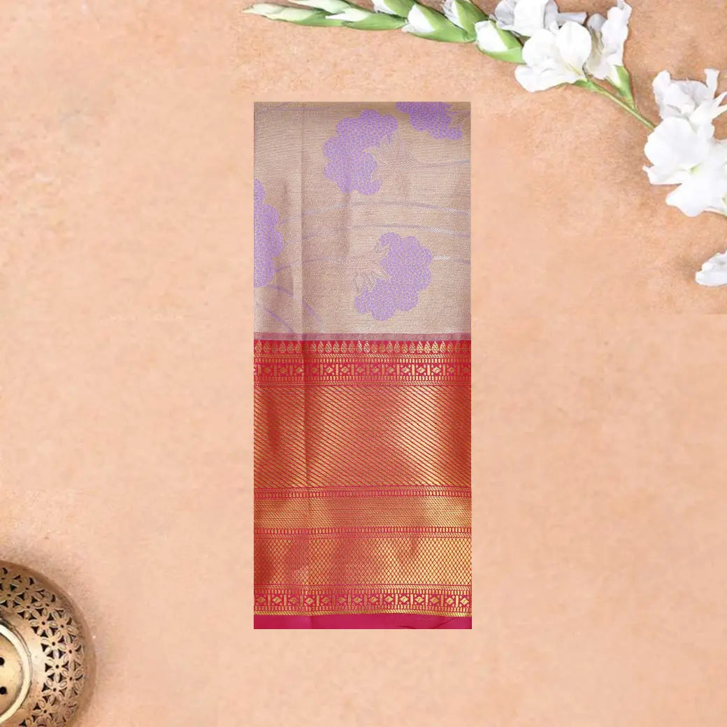 Light Brown with Dark Pink Floral Design Tissue Silk Saree