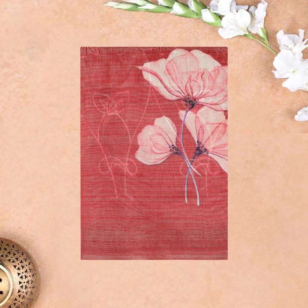 Terracotta Red with Floral Design Trendy Tissue Fancy Saree