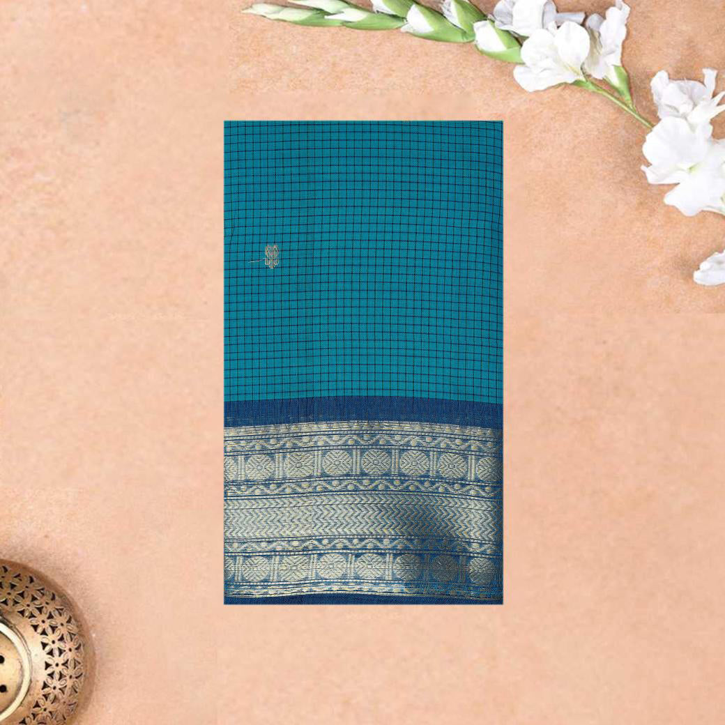 Peacock Blue With Copper Zeri Contrast Border Pure Cotton  Saree