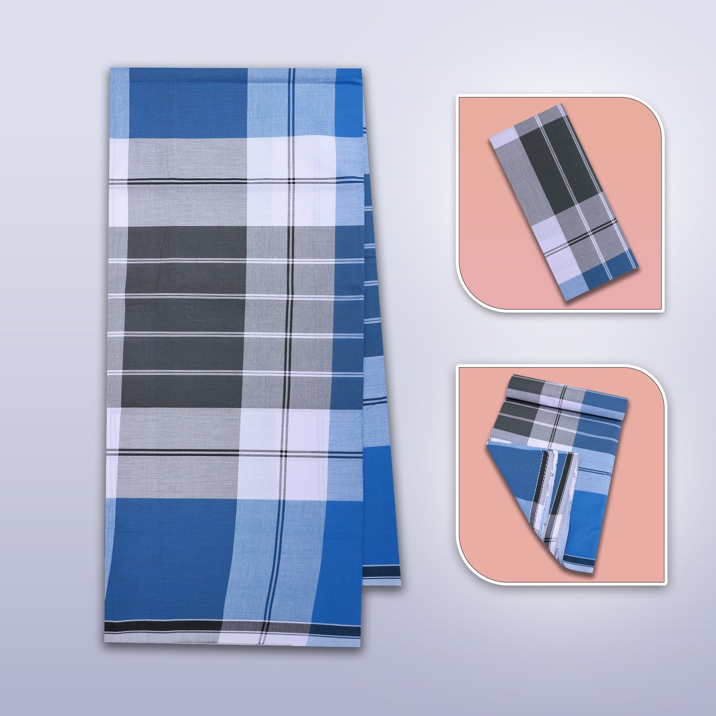 Men’s Blue With Grey Checked Cotton Stitched Lungi