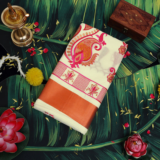 Off White With Pink Mango paisley thread small Foral Design traditional kerala onam saree