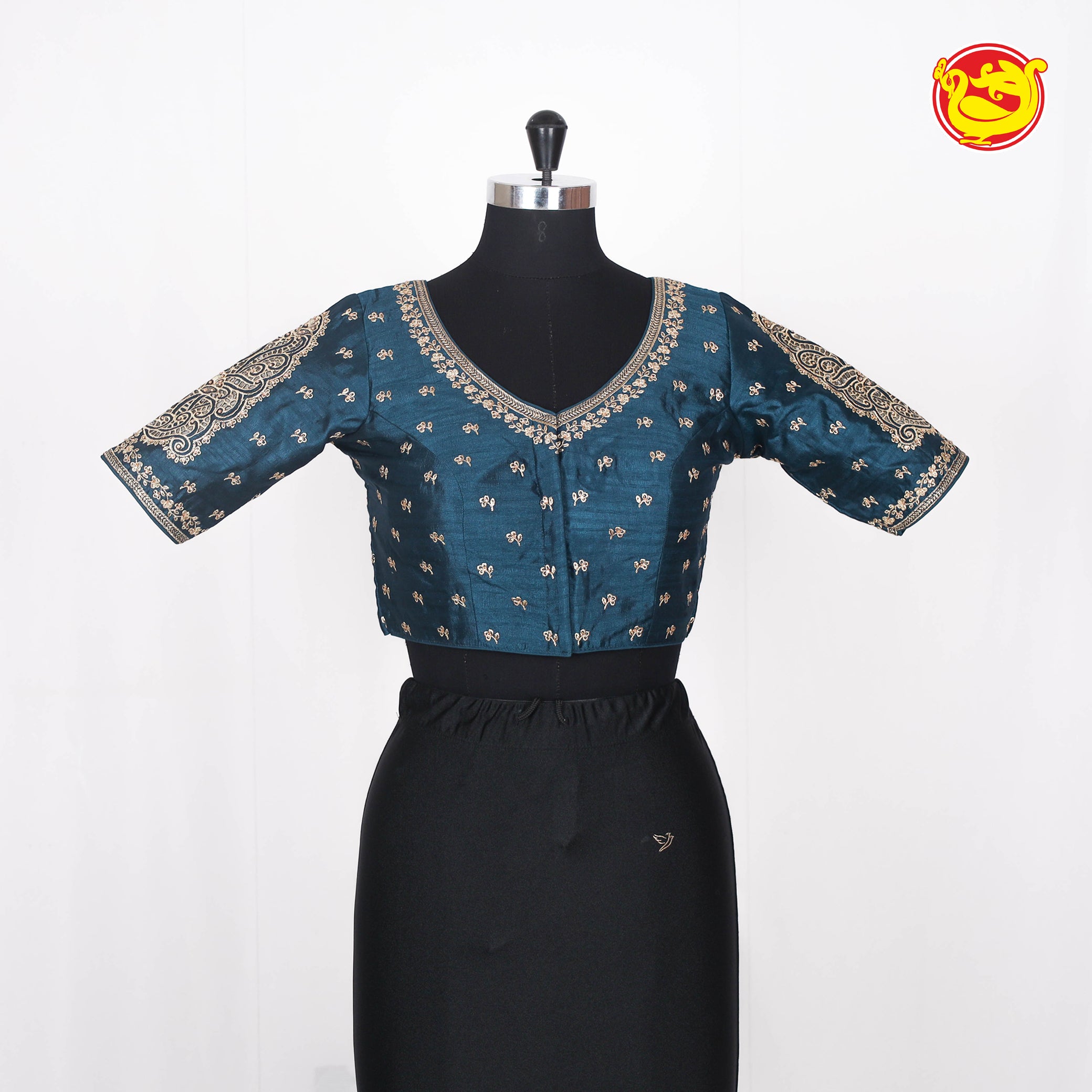 Navy Blue Embroidered readymade blouse with cut work in sleeves