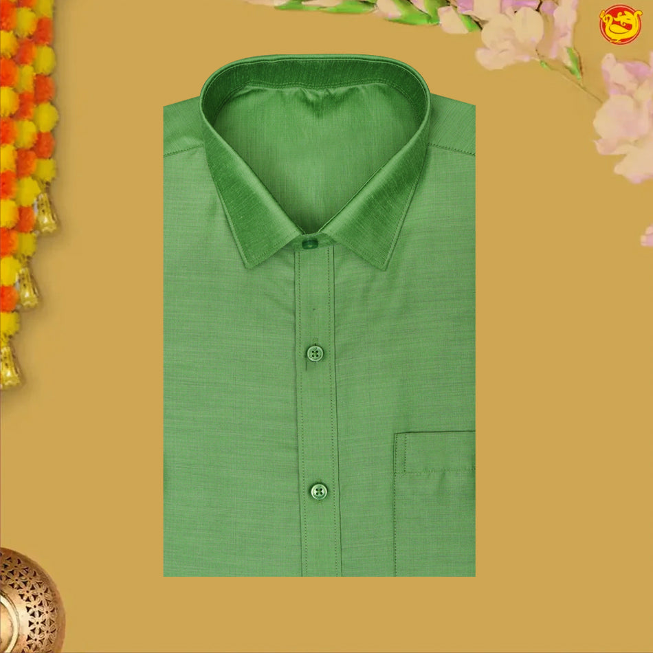 Light Green With White Dhoti Readymade Shirt And Matching Border Dhoti Set for Men