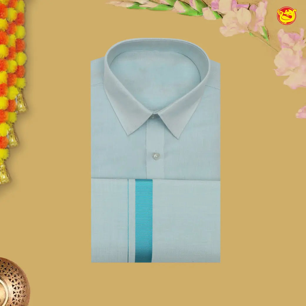 Blue Hosta Colour Tissue Readymade Shirts And Dhoti Sets for Men