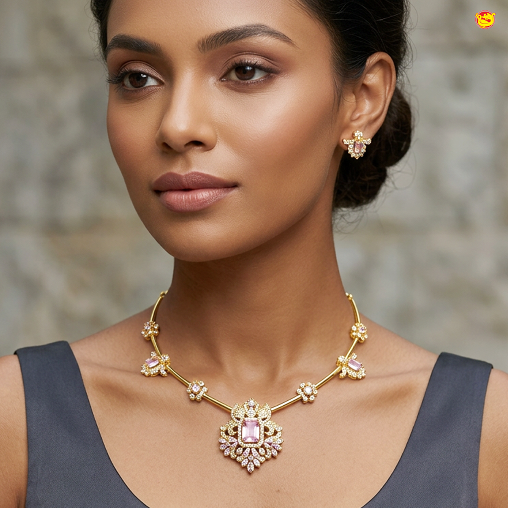 Gold With Pink Stone Work Choker Necklace Matching earrings Set