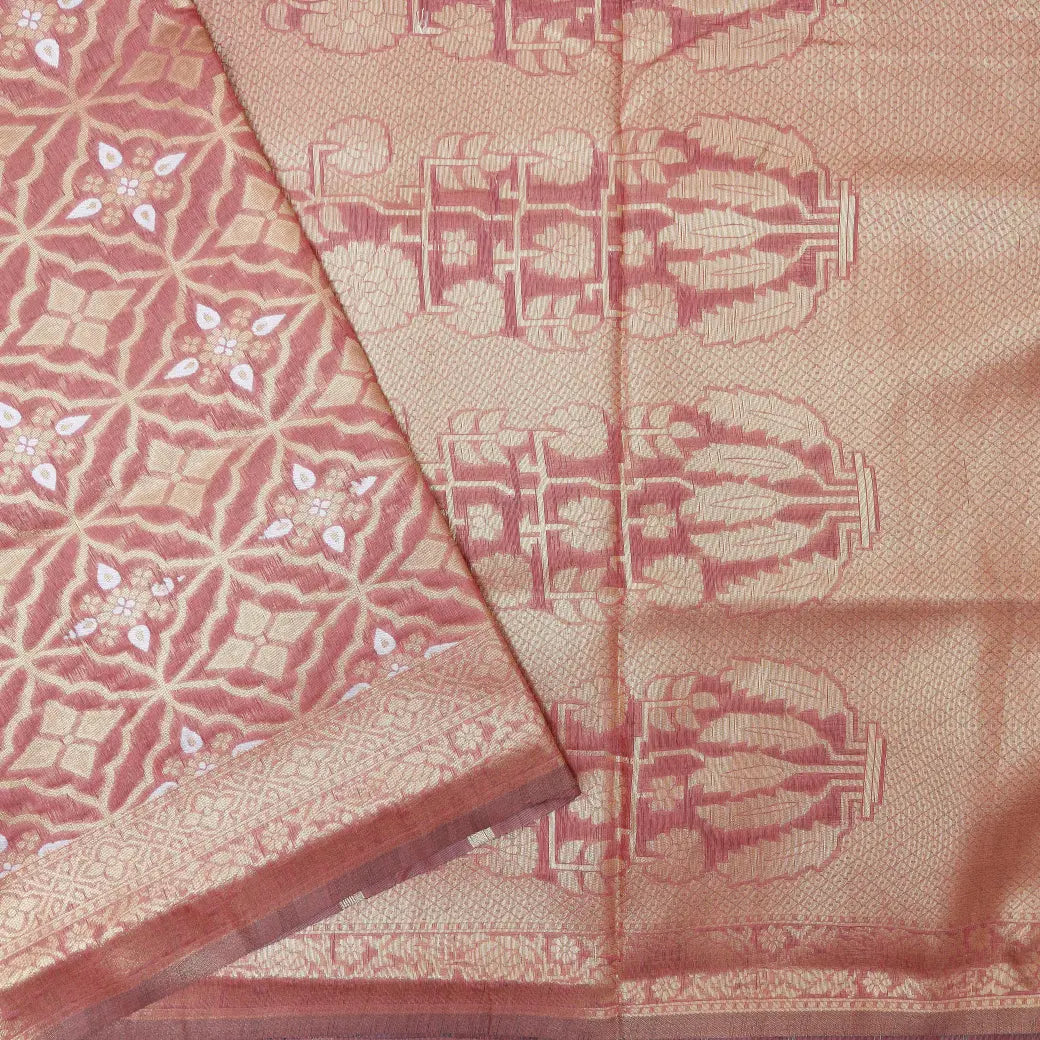 REDDISH -PINKWITH WHITE DARK FLORAL COPPER JERRY LINEN JACQUARD SAREES