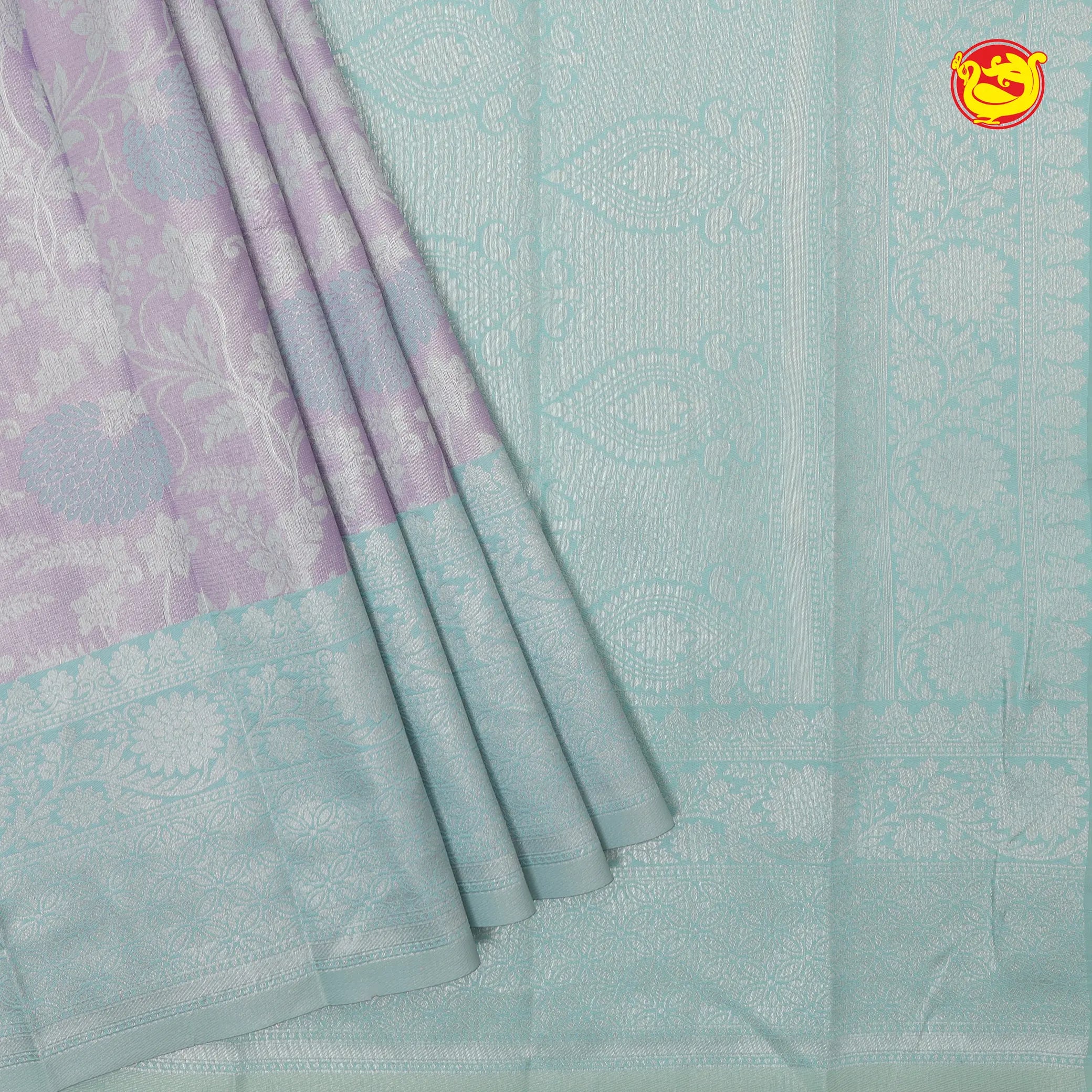 Grey with Water Green Floral Motifs Kubera Pattu Saree