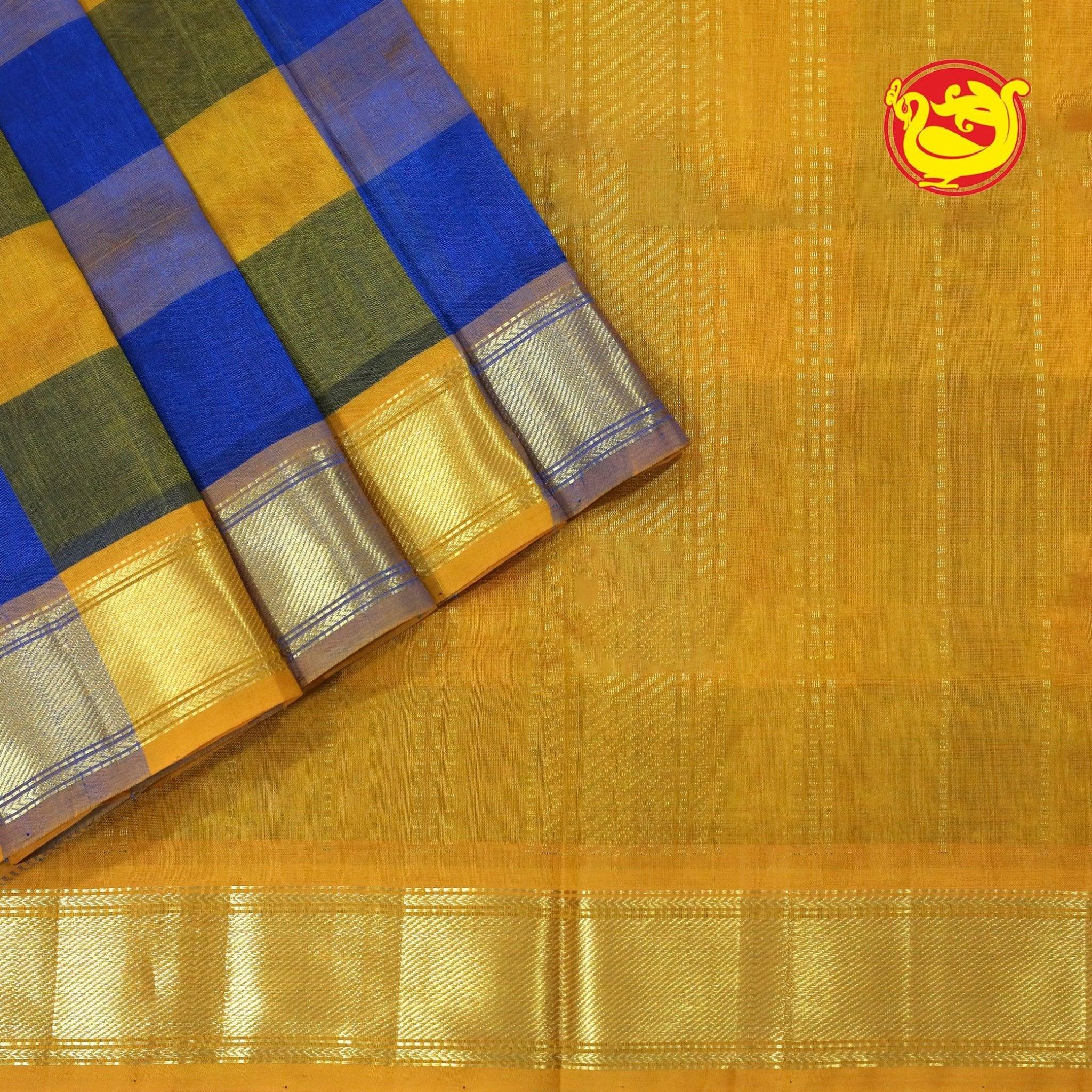 Blue With Mustard  Pure Arani Silk Cotton Saree