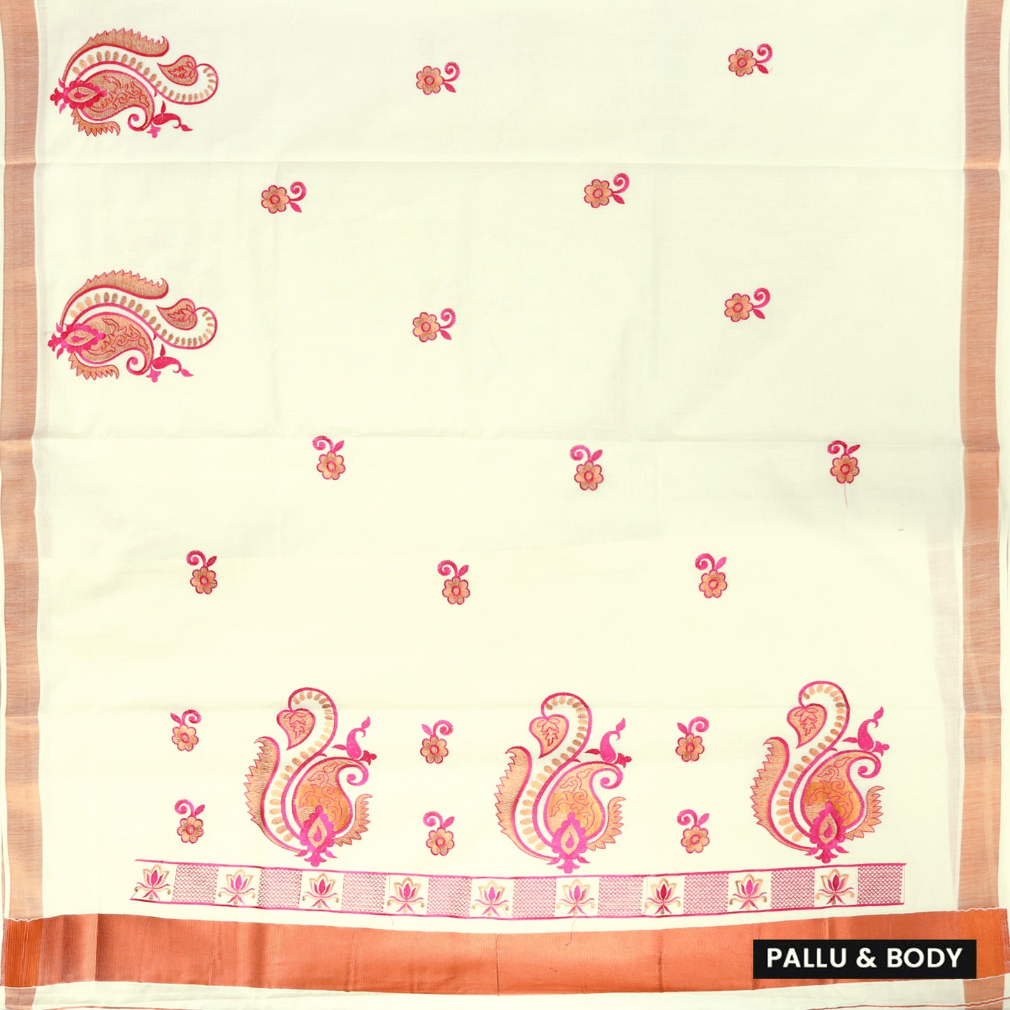 Off White With Pink Mango paisley thread small Foral Design traditional kerala onam saree