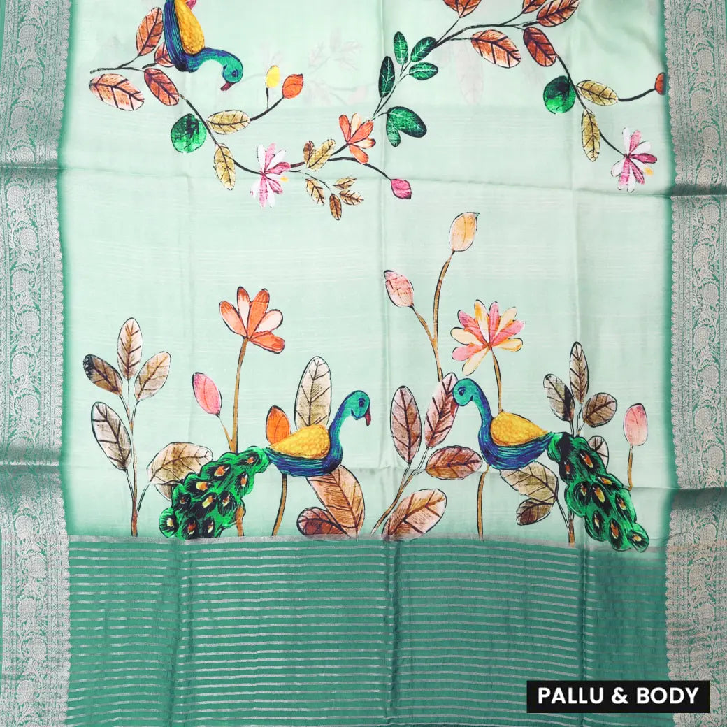 Very Pale Green with Light Green Floral &Peacock Design Dola Silk Saree