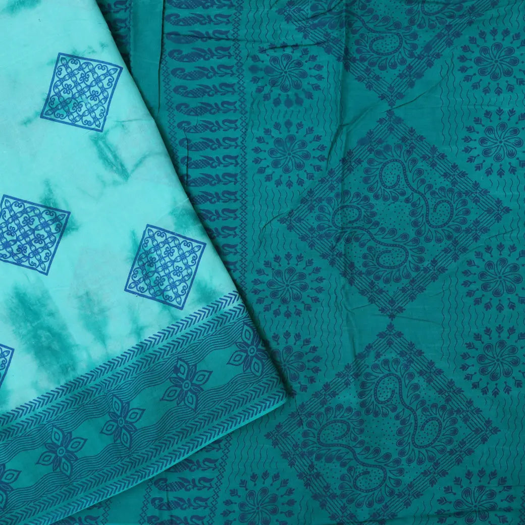 Teal Blue - Bluish Green Sungudi Cotton Saree without Blouse