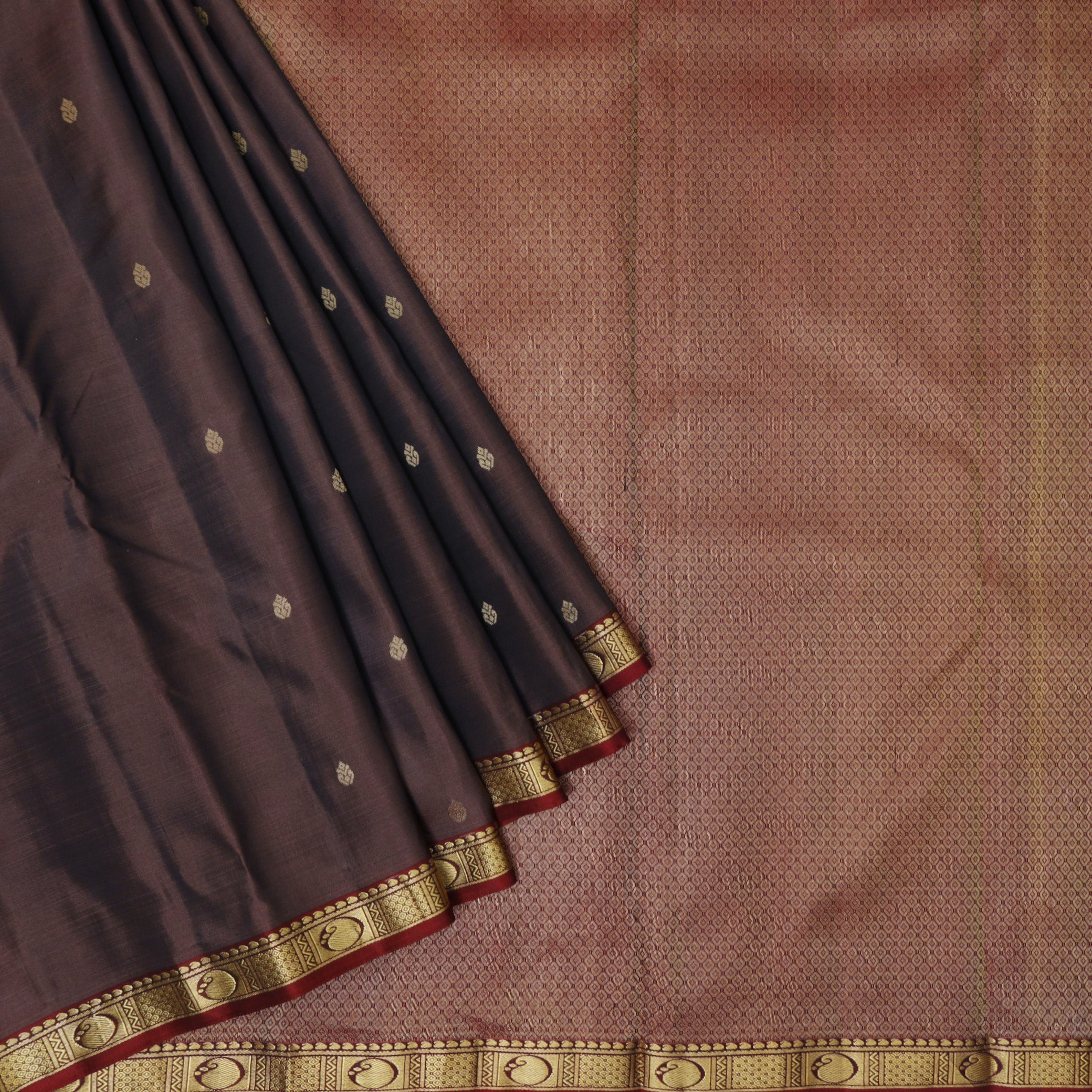 Dark Brown With Maroon Gold Zari Yuvana Semi Soft Silk Saree