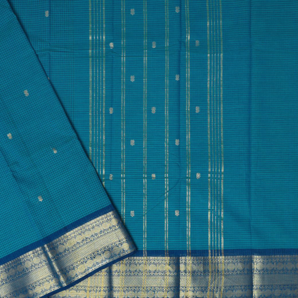 Peacock Blue With Copper Zeri Contrast Border Pure Cotton  Saree
